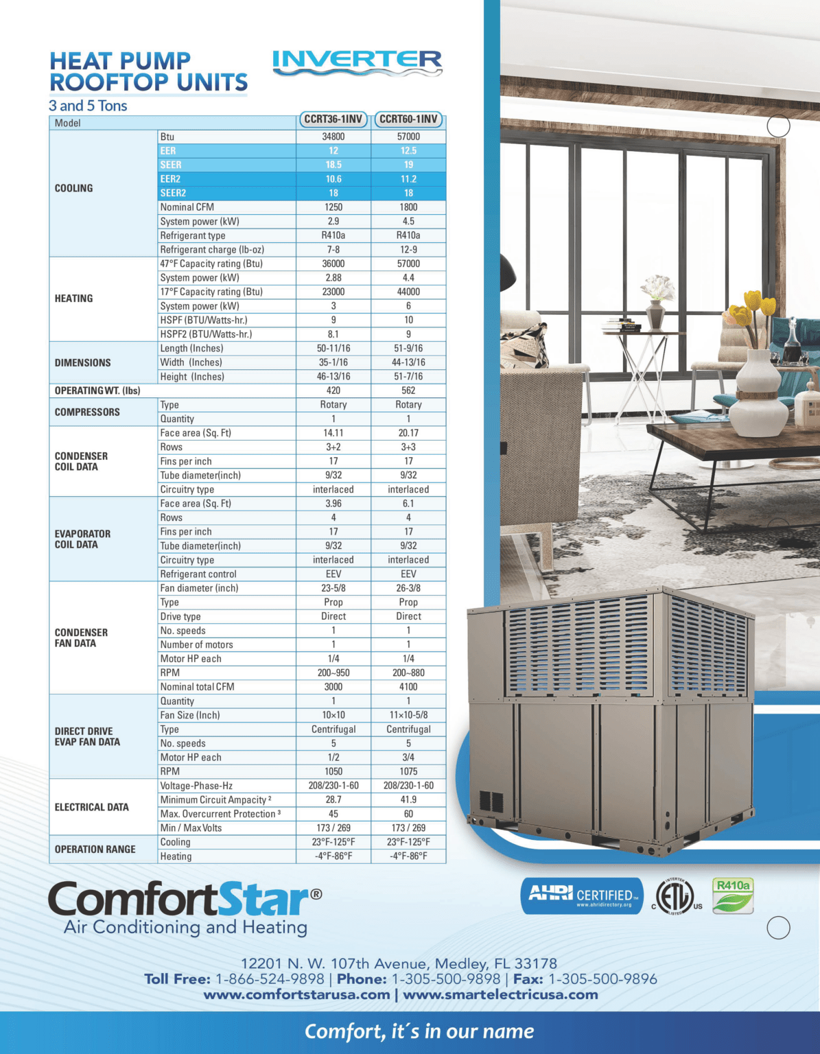 Unidad de techo ComfortStar serie CCRTINV 3 a 5 toneladas