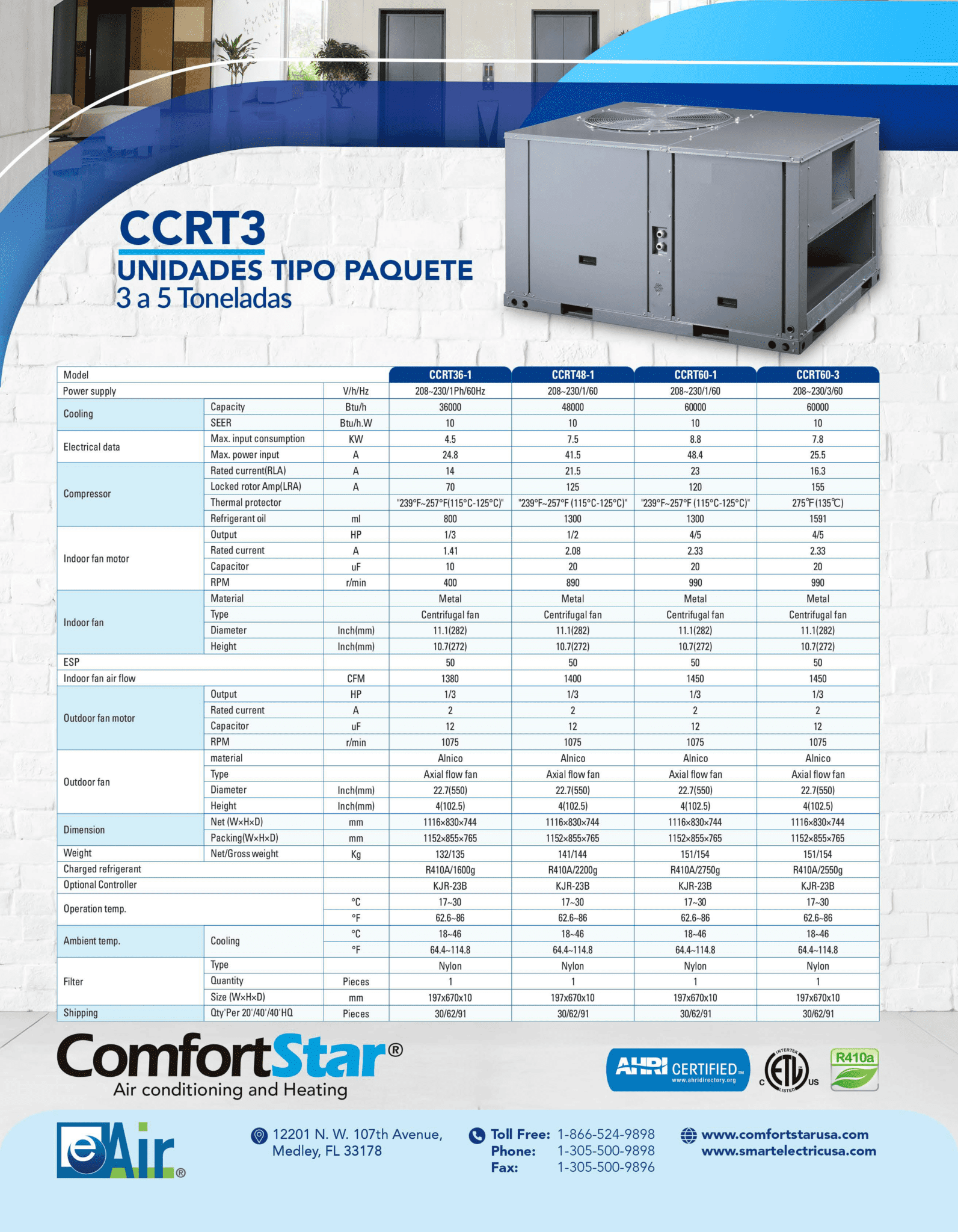 ComfortStar Unidades de techo CCRT3 | 3–5 toneladas, R410A